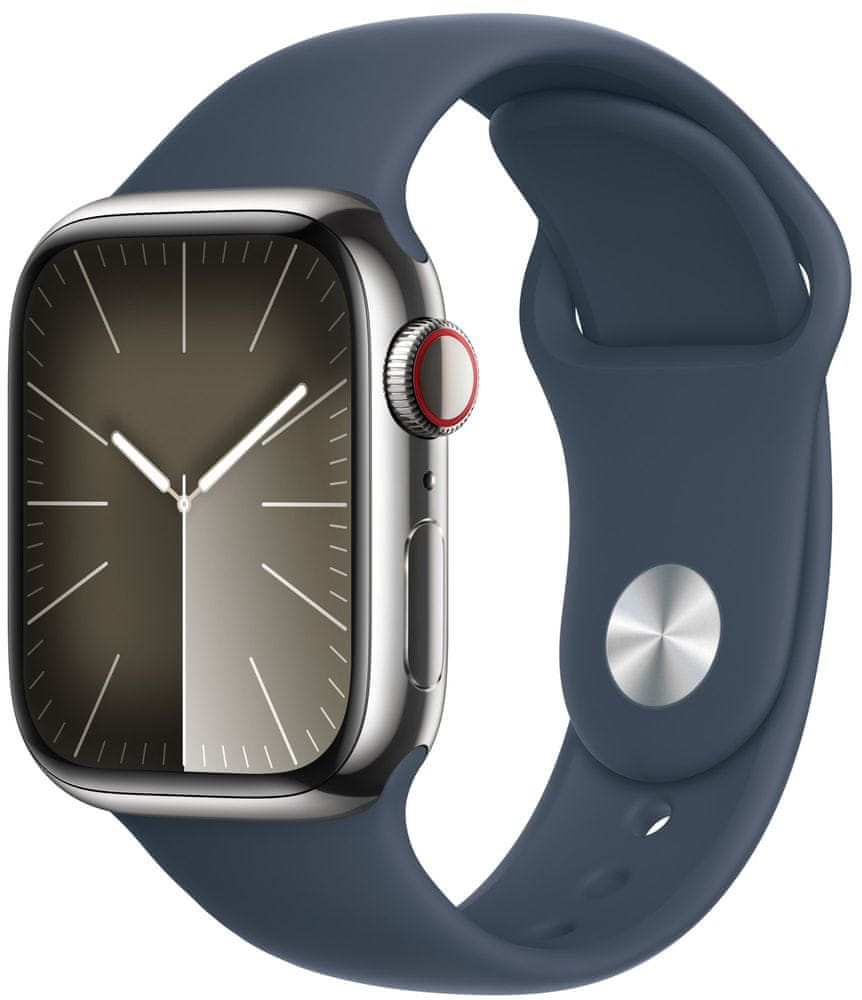 Apple Watch Series 9, Cellular, 41 mm, Silver Stainless Steel, Blue Sport Band - M/L (MRJ33QC/A)